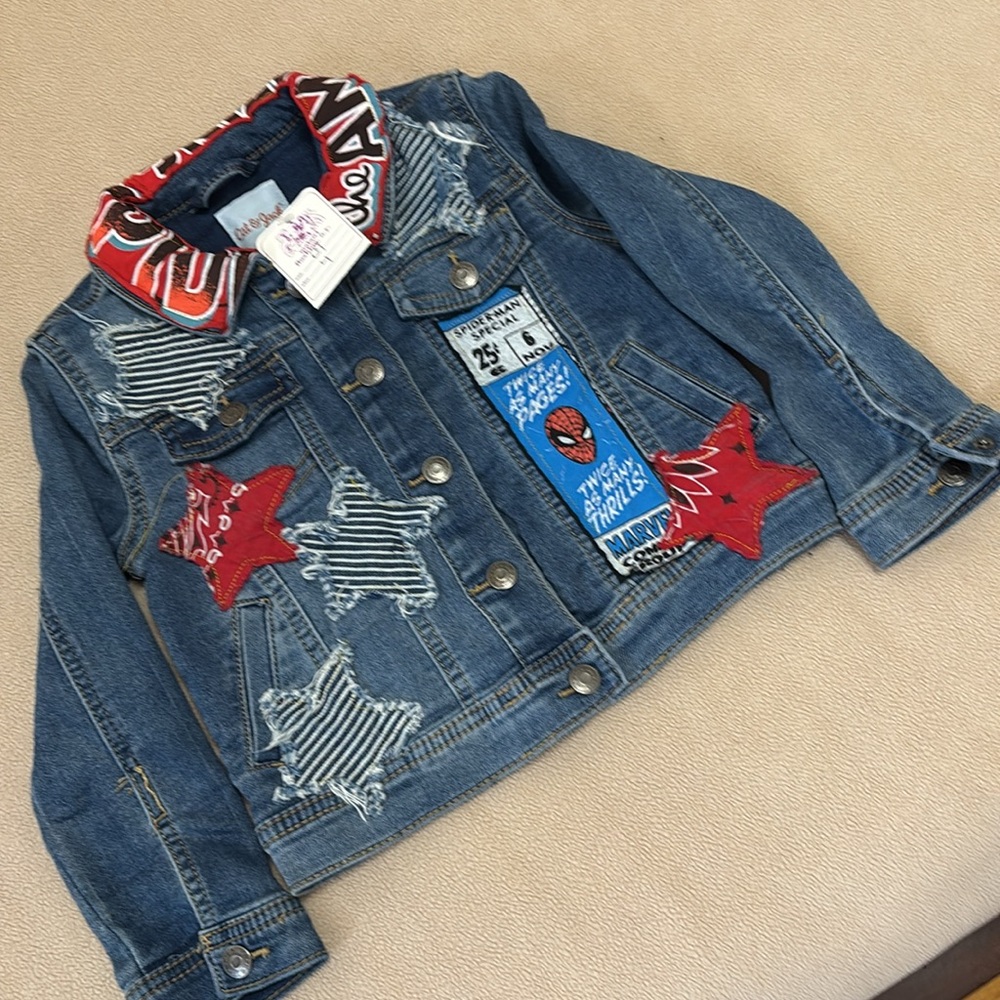 Denim Jacket with Spider-Man Superman superhero Patches size 4T NWT
